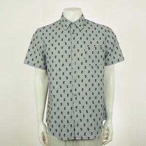 Mr Turk Button Down Shirt Mens Large Gray AOP Print Short Sleeve Cotton Blend
